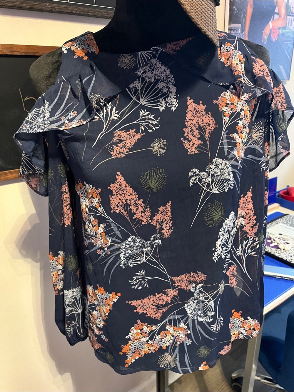 London Times Navy Cold-Shoulder Blouse with Coral & White Floral Print